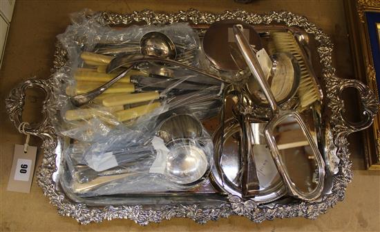 Silver-mounted brush, mirror & glass powder jar, silver napkin ring, large plated tray (af) & sundry plate